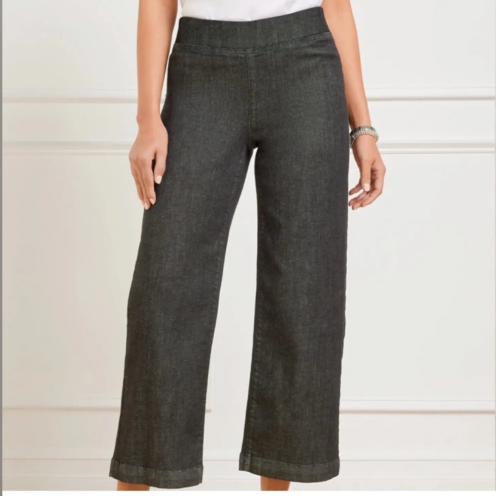 Talbots Black Denim Pull On Stretch Waist Travel Wide Crop Jeans Size 16